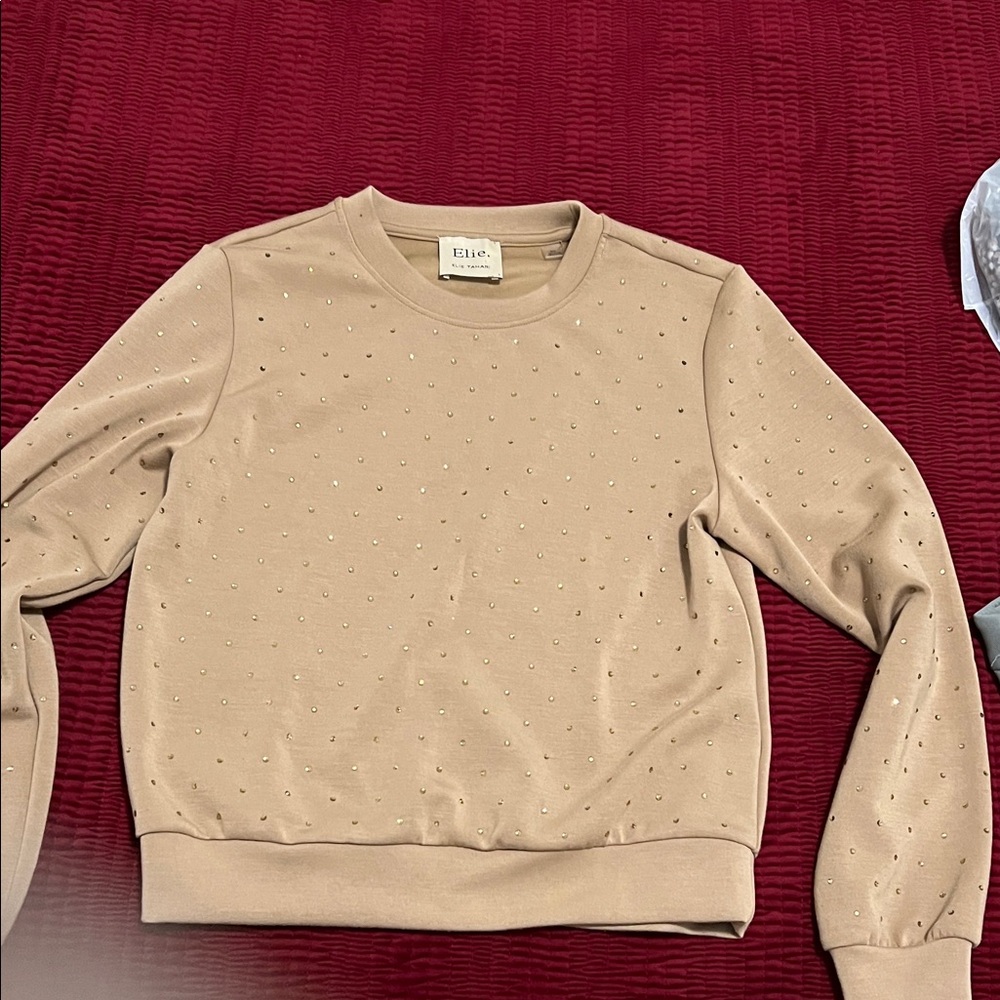 Elie Tahari Beige Studded Crew Neck Sweater